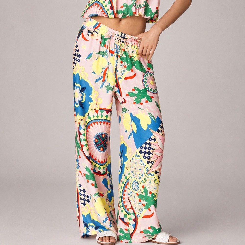 Anthropologie Maeve Pink Multi Mediterranean Print Wide Leg Pants XS New